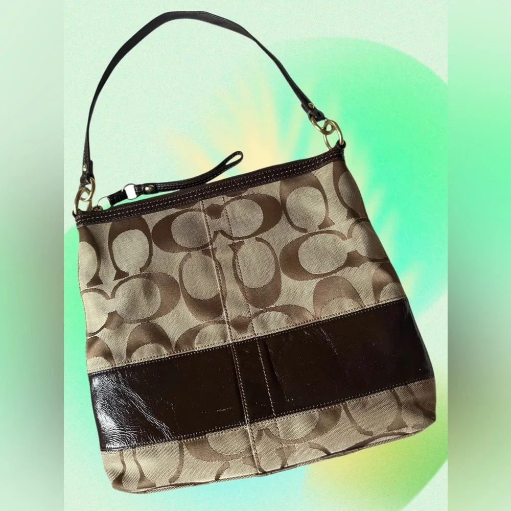 Coach Signature Tan & Brown Jacquard with Brown Leather Stripe Bag- #H0826-12825